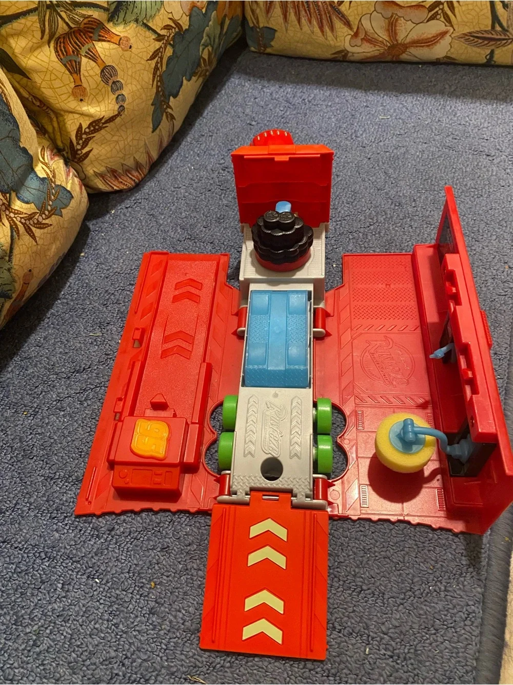 Red Kids Playset Race Garage with Blue Ramp